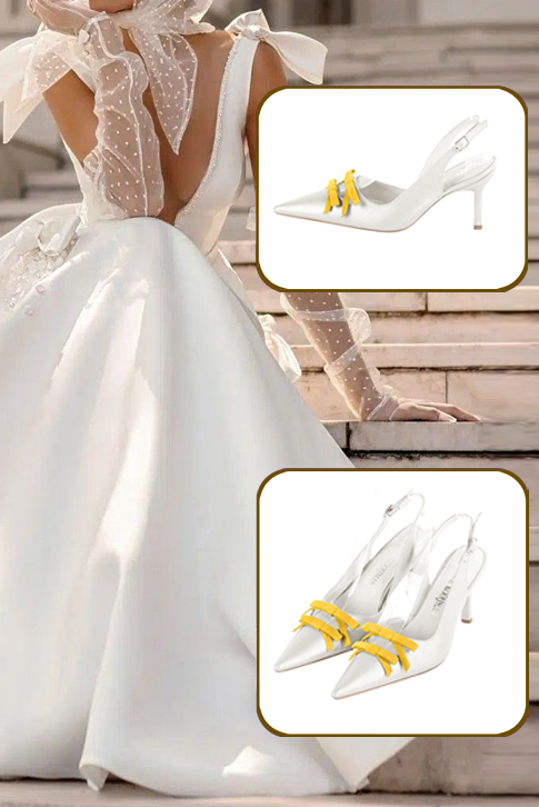 Women's pure white and yellow elegant slingback heels, with a bow on the front. Pointed toe. High slim heel - Worn view